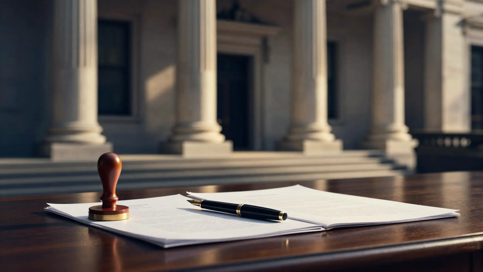 Edificio público con columnas y documentos sellados — derecho administrativo