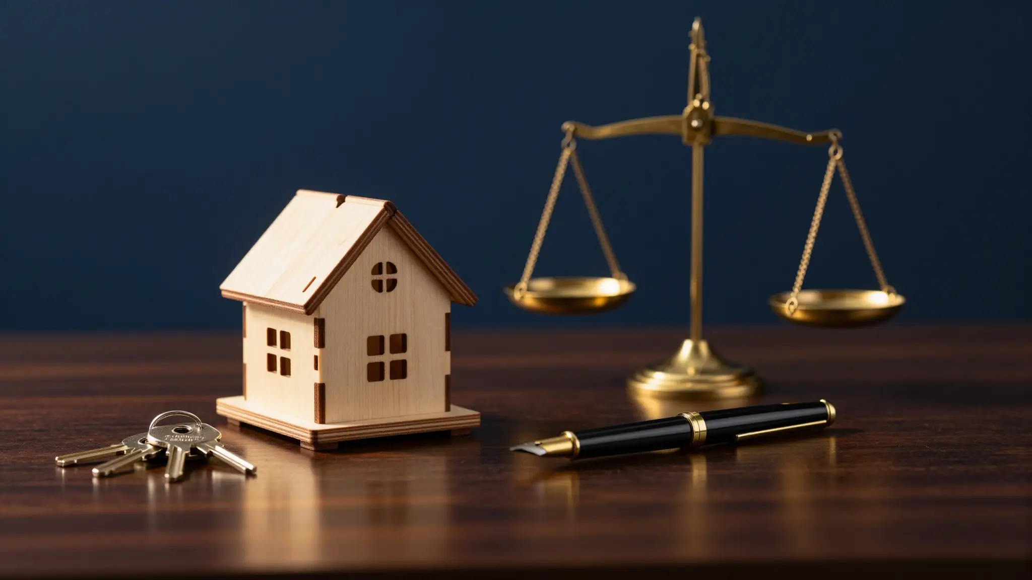 Casa de madera, llaves y balanza de la justicia — derecho civil