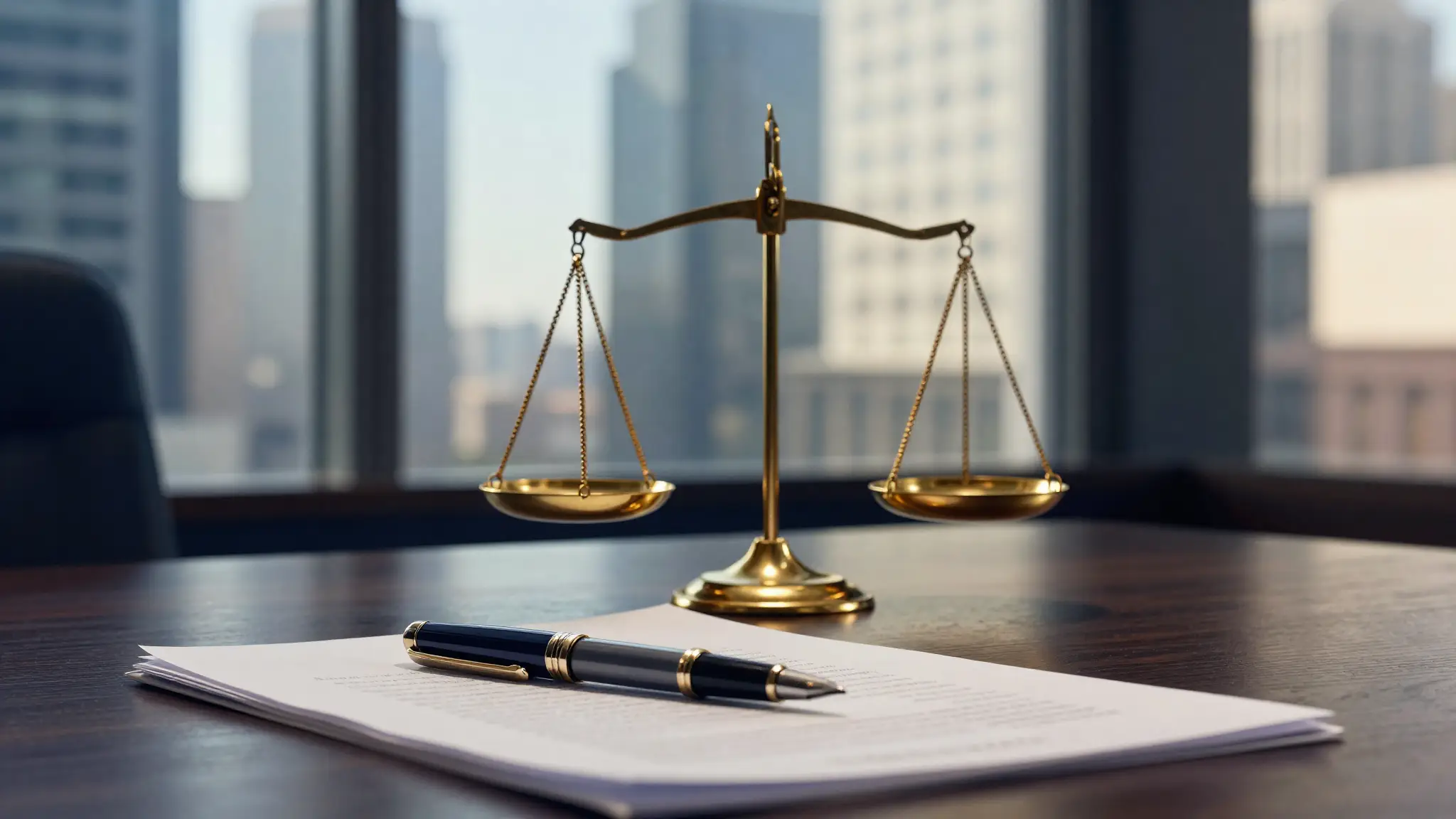 Balanza de la justicia, contrato y torres de oficinas — derecho corporativo