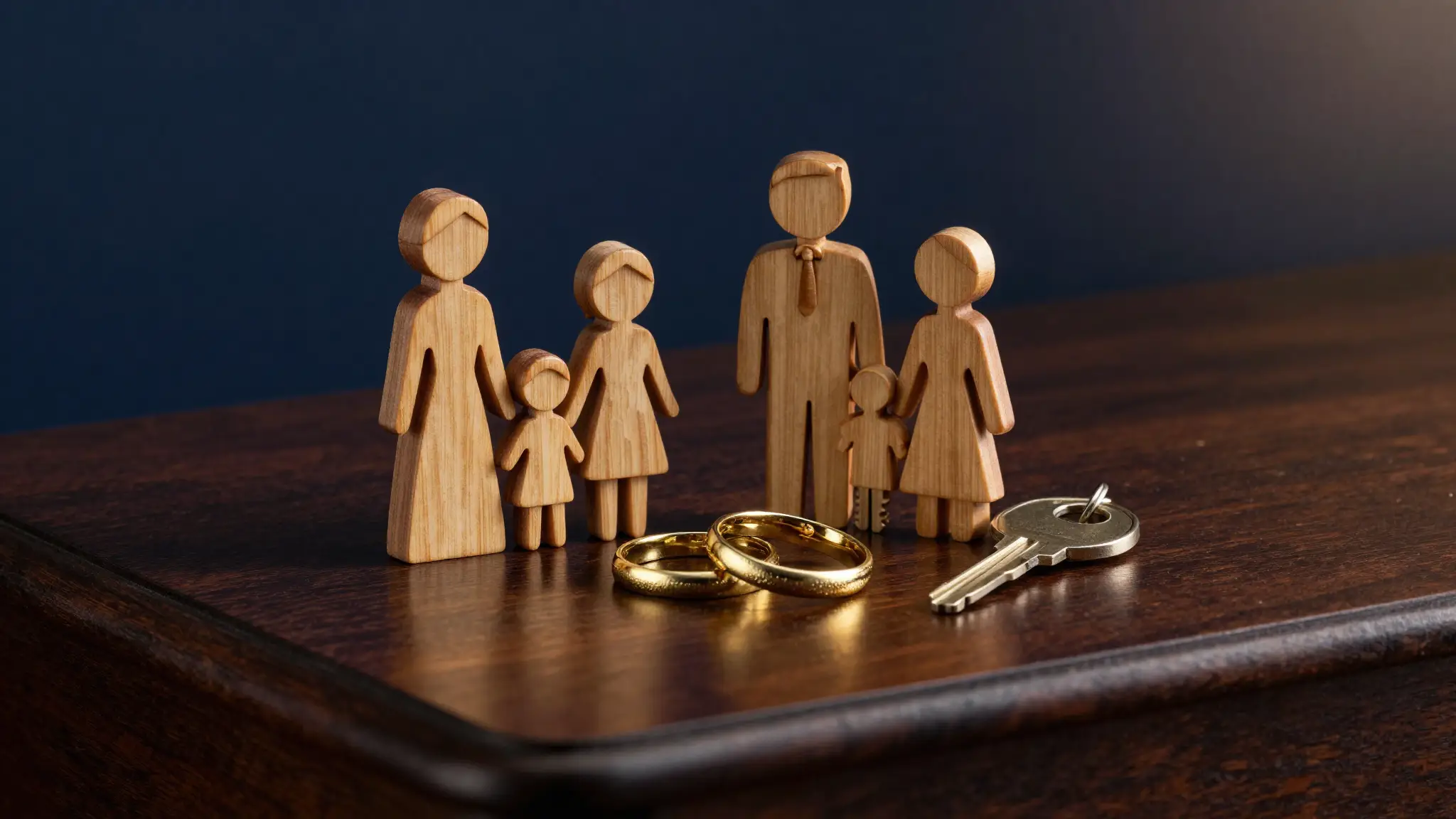 Figuras de una familia, anillos y llaves — derecho de familia
