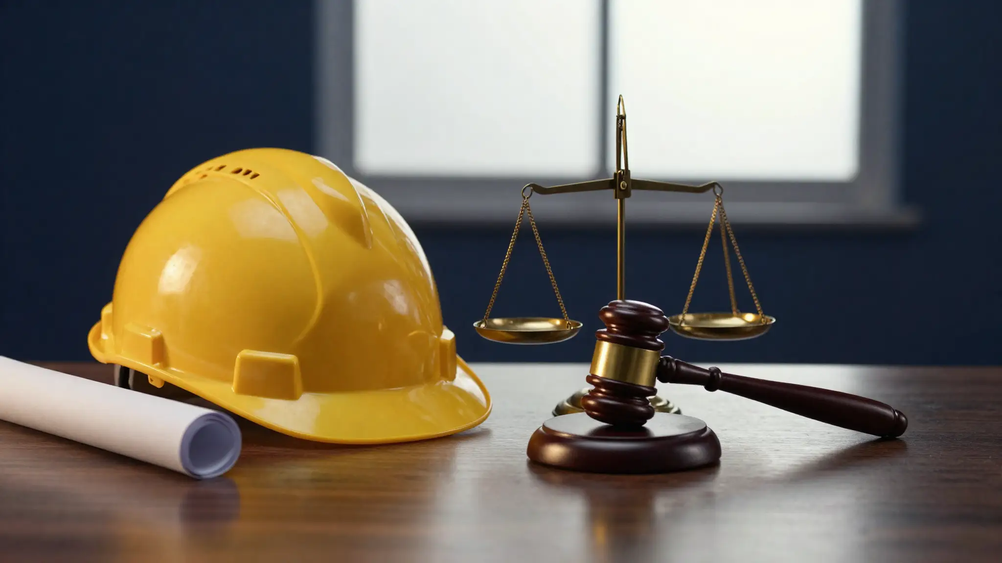 Casco de trabajo, balanza y mazo judicial — derecho laboral