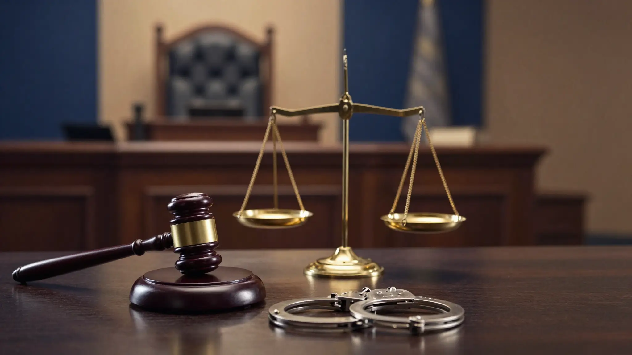 Balanza de la justicia, mazo judicial y esposas — derecho penal