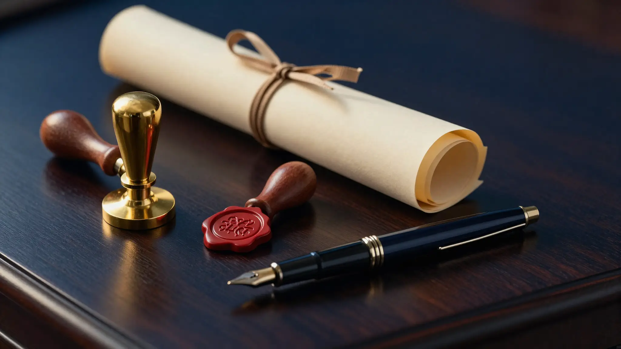 Sello notarial, escritura enrollada y sello de cera — derecho registral y notarial